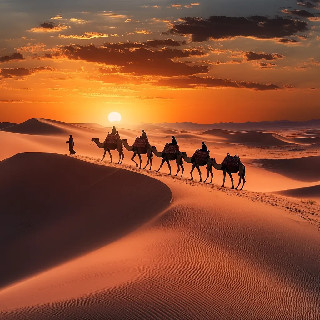A caravan of camels, each carrying riders, traverses rolling sand dunes at sunset.  The warm, orange hues of the sky contrast beautifully with the silhouette of the camels and their passengers.  A lone figure walks ahead, leading the way across the expansive desert landscape. The scene evokes a sense of journey and adventure in a remote and breathtaking setting.
