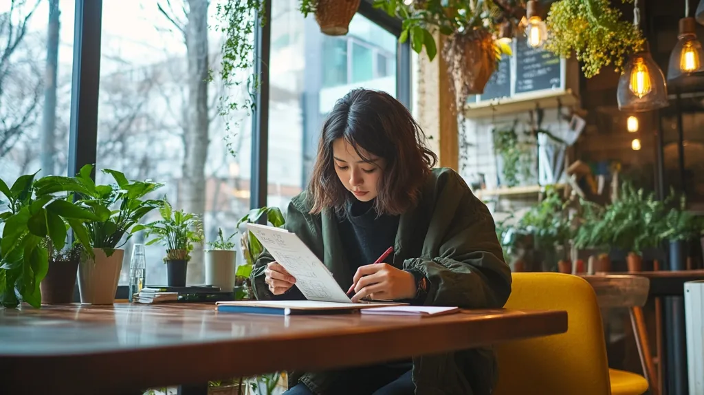 A young woman sits at a table in a plant-filled cafe, reviewing documents and making notes with a red pen.  Sunlight streams through a large window behind her, illuminating the cozy atmosphere.  Numerous potted plants decorate the cafe, creating a serene and productive workspace.  She is focused on her work, appearing engrossed in her task.