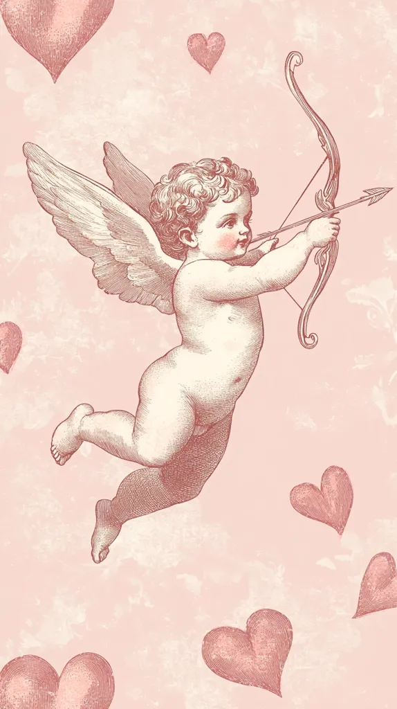 A cherubic cupid, wings outstretched, aims a bow and arrow amidst a flurry of hearts.  The image is rendered in a vintage, romantic style with soft, muted pink tones and a textured background.  The cupid's expression is serene as he prepares to strike, conveying a classic Valentine's Day theme. The detailed linework creates a delicate and charming illustration.