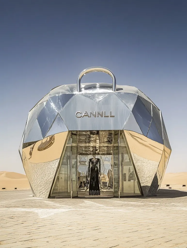 A futuristic, mirrored CANNLL boutique stands in a desert landscape.  Its multifaceted, geode-like structure features a large handle atop a reflective surface.  The interior, visible through glass panels, displays high-fashion garments. The building's design contrasts sharply with the simplicity of the surrounding sand dunes, creating a striking visual effect.