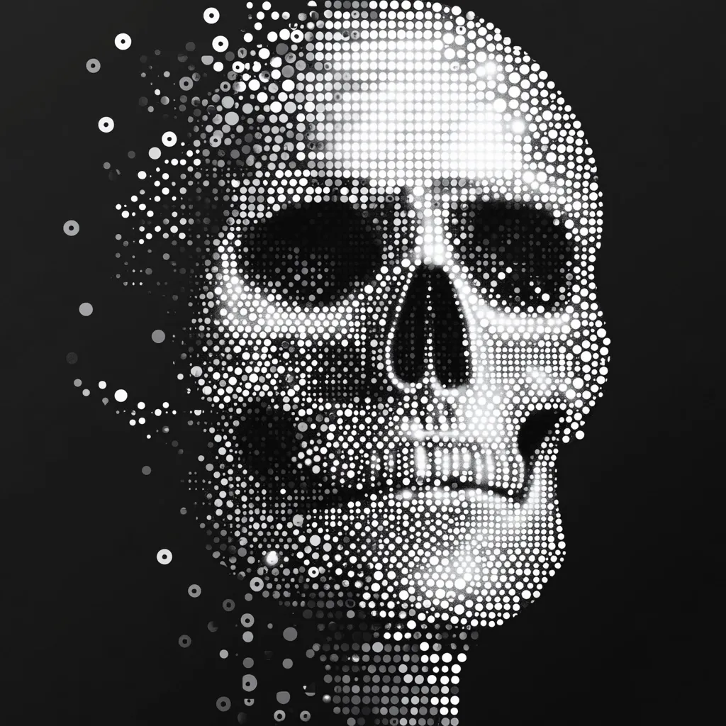 A human skull is depicted in a pointillist style, composed of varying sizes of black and white dots.  The skull is rendered in profile, facing right, with a portion of it dissolving into a scatter of dots, creating a sense of disintegration or digital decay.  The dark background emphasizes the contrast and the skull's three-dimensional form. The image suggests themes of mortality, technology, or data loss.