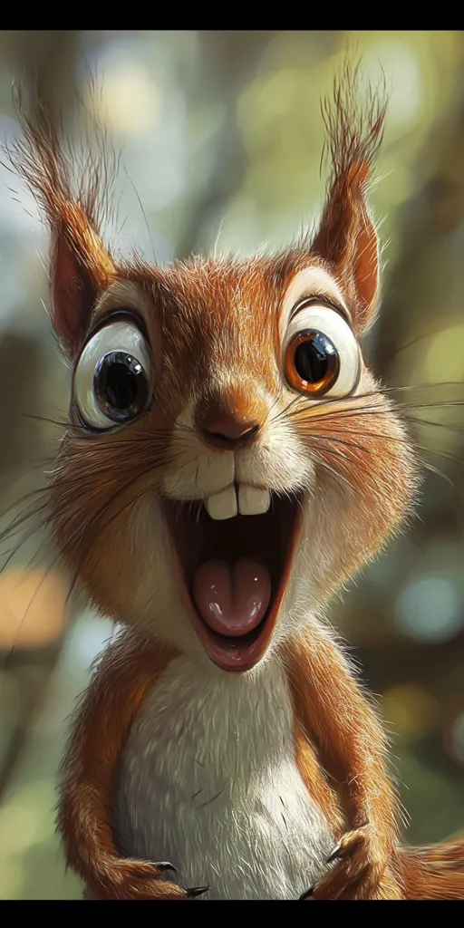 A digitally rendered image showcases a cartoon squirrel with exaggerated features.  Its large, expressive eyes and wide-open mouth, revealing prominent teeth and tongue, create a comical, almost surprised expression.  The fur is detailed, showing texture and highlights, and the overall style is reminiscent of animation. The background is blurred, emphasizing the squirrel as the focal point.