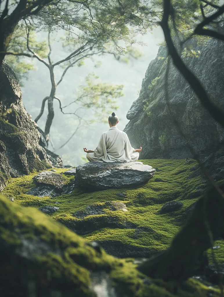 A person in a light-colored robe sits cross-legged in a meditative pose atop a moss-covered rock.  The serene scene is nestled within a lush, green forest, with towering trees and rocky outcrops framing the tranquil setting.  Soft light filters through the foliage, creating a peaceful and contemplative atmosphere. The image evokes a sense of calm and connection with nature.