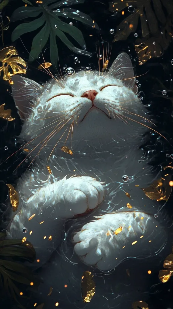 A serene digital painting depicts a white cat peacefully floating in dark water.  Golden leaves and shimmering particles drift around the cat, which appears weightless and content. Bubbles rise from below, adding to the ethereal atmosphere. The cat's eyes are closed, suggesting a state of calm and tranquility. The overall mood is mystical and dreamlike.