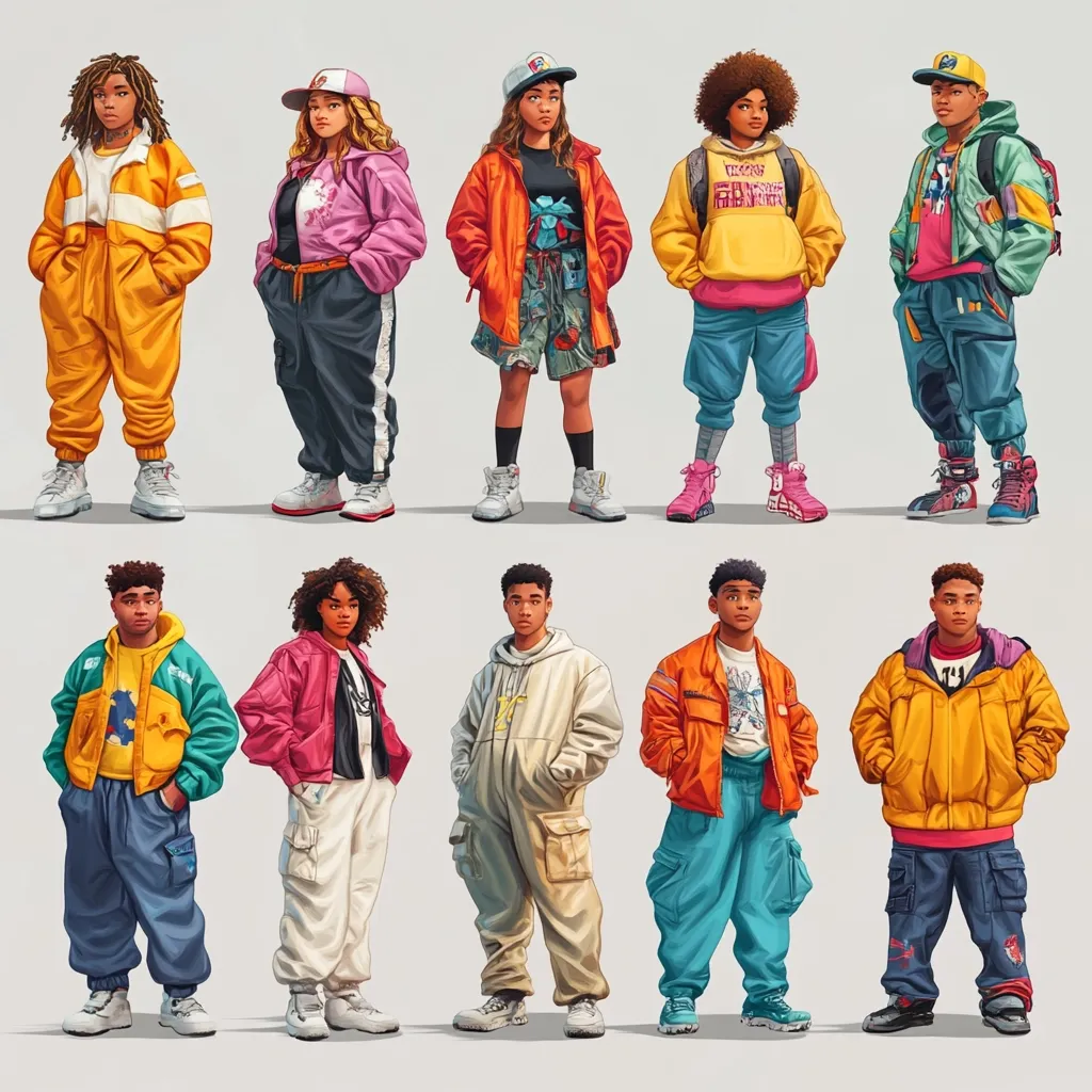 Ten stylized figures, five male and five female, are depicted in vibrant 90s-inspired streetwear.  Each character sports unique clothing combinations featuring bold colors, oversized jackets, cargo pants, and sporty accessories.  The illustrations showcase a diverse range of hairstyles and skin tones, creating a dynamic and energetic group portrait.  The art style is digitally painted, with a smooth, polished finish.