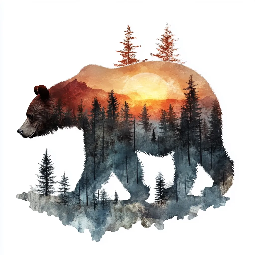 A watercolor-style illustration depicts a brown bear superimposed over a landscape. The bear's silhouette is filled with a sunset scene featuring mountains, a setting sun, and a dense forest of evergreen trees.  Smaller trees and a textured watercolor effect surround the bear, creating a serene, nature-inspired artwork. The overall effect is one of peaceful coexistence between animal and environment.