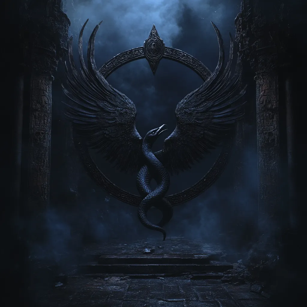 A dark, gothic image depicts a serpentine creature with large, feathered wings, centrally positioned within a circular, ornate frame.  The creature is perched above a stone platform, set within the crumbling ruins of ancient pillars.  A smoky, blue atmosphere adds to the mystical and ominous mood, evoking a sense of ancient power and mystery. The overall style is dark fantasy or dark art.