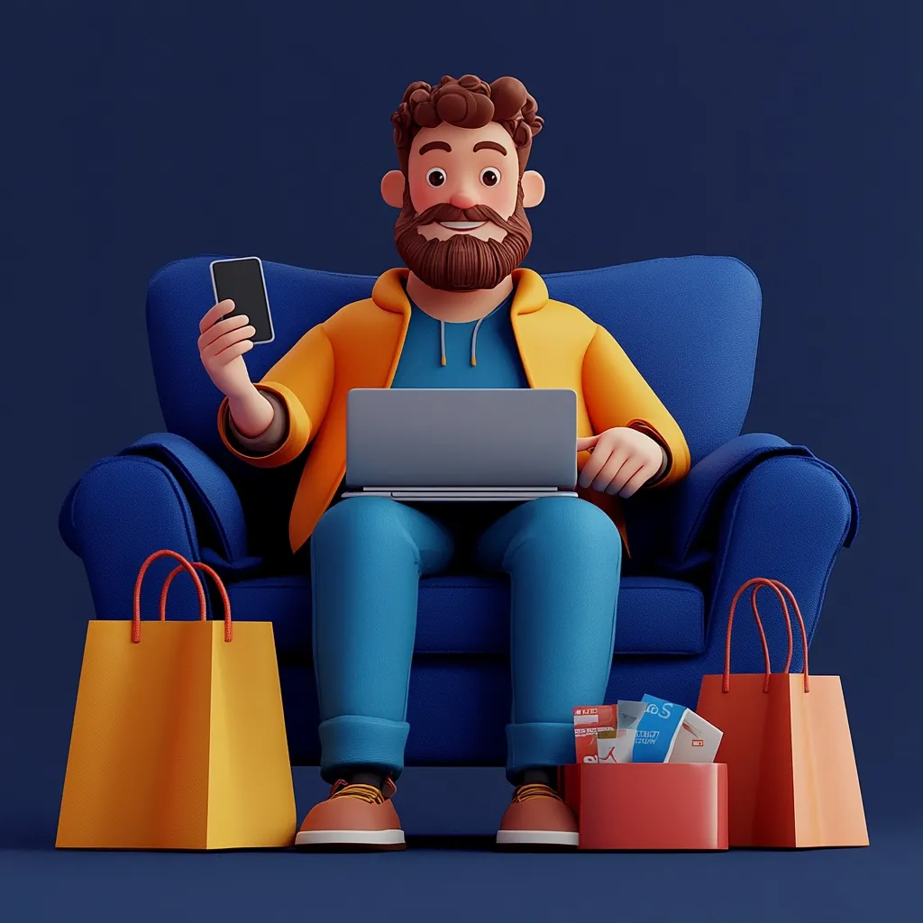 A cheerful, 3D-rendered man with a beard sits comfortably in a blue armchair. He holds a smartphone in one hand and a laptop in his lap, suggesting online shopping.  Two shopping bags and various tickets or receipts rest beside him, illustrating successful online purchases. The overall scene is vibrant and playfully depicts the convenience of modern online retail.