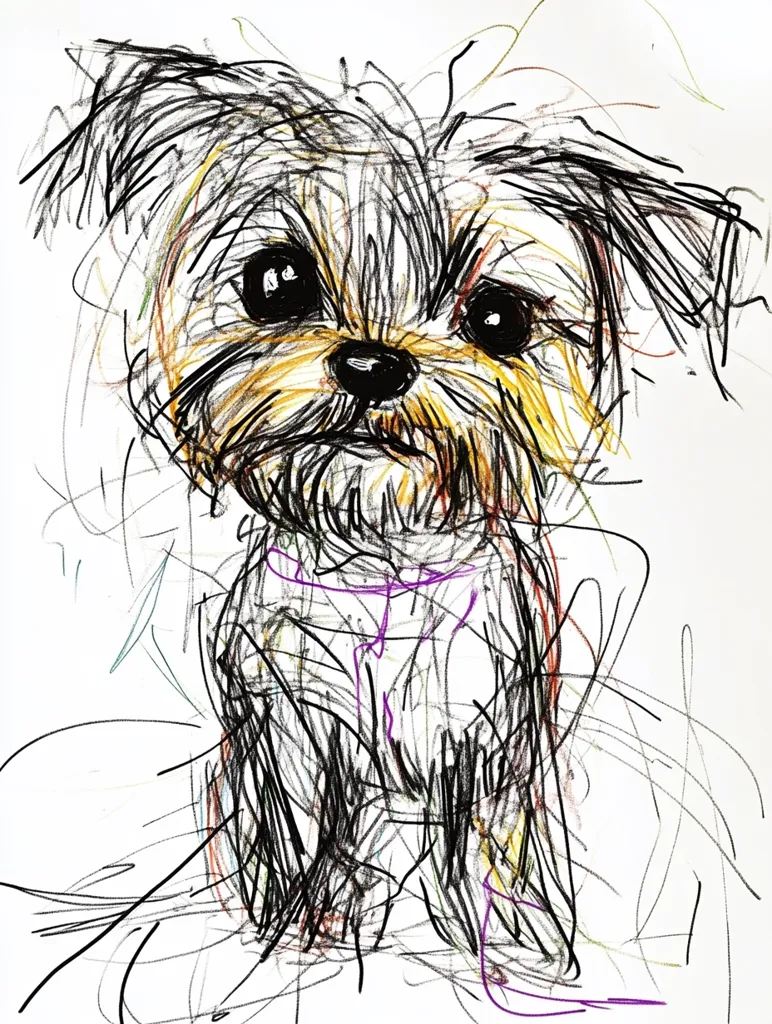 A stylized sketch of a Yorkshire Terrier puppy.  The drawing uses a chaotic, expressive style with overlapping lines in black, brown, and yellow to depict the dog's fur.  Large, expressive eyes and a small black nose are prominent features. A purple collar is visible around its neck. The background is filled with random scribbles, contrasting with the more defined dog figure.