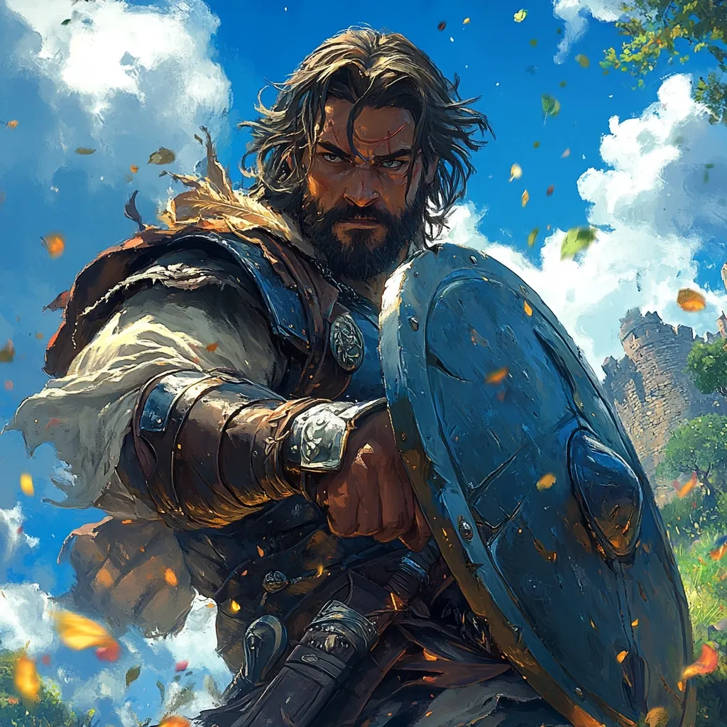 A powerful, bearded warrior, with long brown hair, grips his shield protectively.  He's dressed in medieval attire,  leather armor and a loose tunic.  Autumn leaves swirl around him, a castle visible in the background under a bright, partly cloudy sky. His determined expression and firm stance convey strength and readiness for battle. The art style is vibrant and dynamic.
