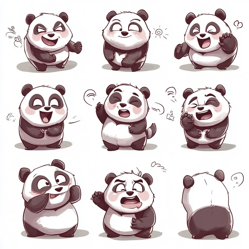 Nine adorable cartoon pandas showcase a variety of expressions, from happy and playful to shy and surprised.  Each panda is chubby and charming, depicted in different poses and with distinct facial features conveying a wide range of emotions.  The style is cute and expressive, ideal for stickers or emojis.