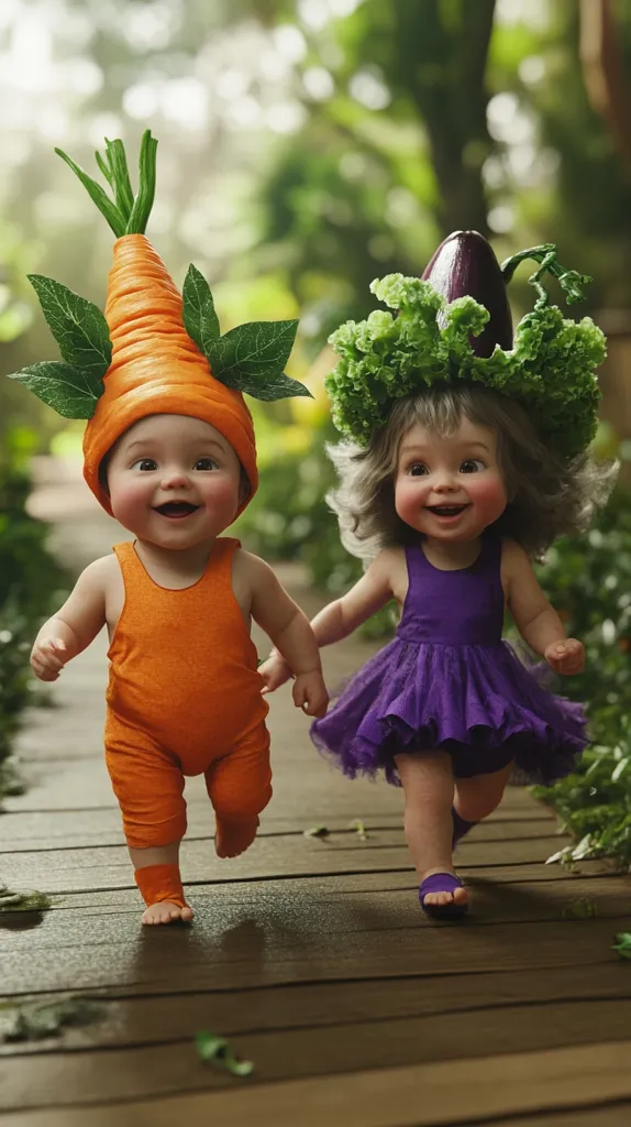 Two adorable babies, dressed in charming vegetable costumes, stroll down a wooden path.  One is a carrot, complete with leafy crown and orange jumpsuit. The other is an eggplant, wearing a purple dress adorned with lettuce.  Their cheerful expressions and playful walk create a delightful image of innocent joy in a garden setting.