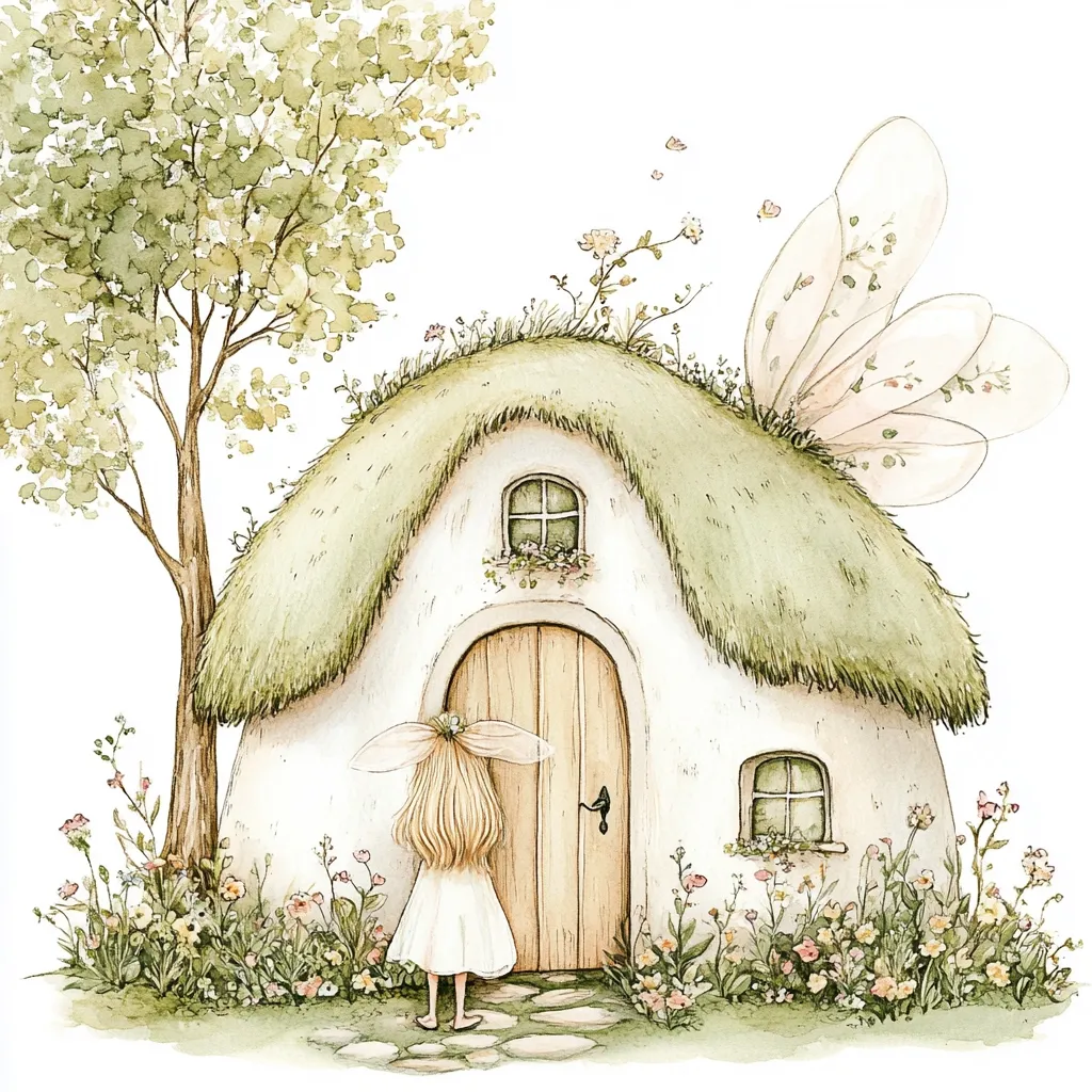 A whimsical watercolor illustration depicts a charming fairy house with a thatched roof, nestled amongst wildflowers and a tree.  A little girl with bunny ears stands before the wooden door, seemingly about to enter.  Delicate fairy wings adorn the roofline, adding to the enchanting scene's magical quality. The soft color palette and detailed textures create a serene and captivating image.