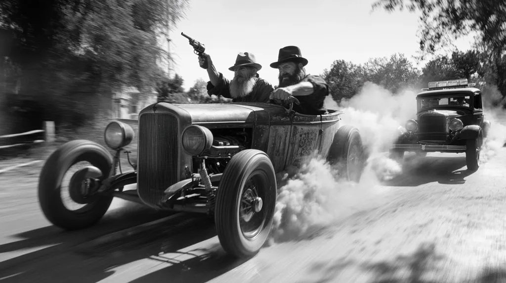 A black and white image captures two men in fedoras driving a vintage hot rod at high speed, kicking up dust. One man holds a pistol, creating a sense of urgency and danger.  A second vintage car follows closely behind, adding to the dynamic scene of a thrilling chase or escape on a rural road.  The motion blur emphasizes the speed and energy of the moment.