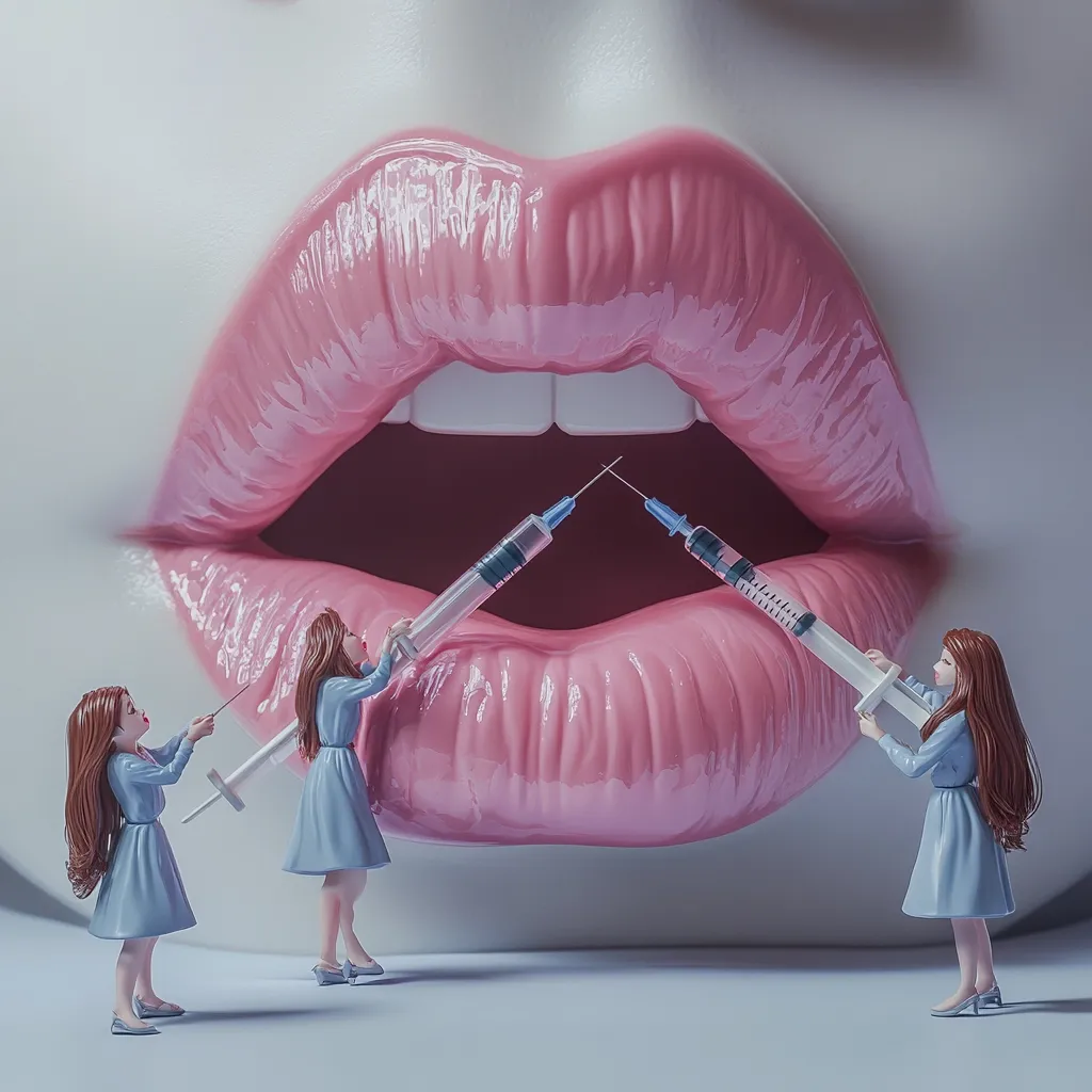 A surreal image depicts a large, glossy pink mouth with two miniature women injecting it with syringes.  The women, in light blue dresses, hold the syringes at opposing angles, creating a visual balance.  The image suggests a commentary on cosmetic procedures and body image, using a striking juxtaposition of scale and subject matter.