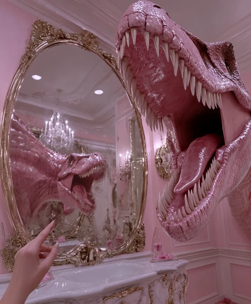 A large, pink Tyrannosaurus Rex head dominates the foreground, its mouth agape, revealing rows of sharp teeth and a long pink tongue.  Reflected in an ornate, gold-framed mirror behind it is the same pink dinosaur, creating a surreal, symmetrical image. The setting is a luxurious, pastel pink bathroom with gilded details. A hand reaches towards the mirror, adding a touch of human interaction to the fantastical scene.