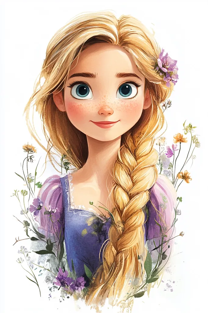 A stylized portrait of Rapunzel, the Disney princess, is presented.  She possesses long, blonde hair styled in a braid, and large, expressive blue eyes. Her complexion is fair, adorned with freckles, and she wears a lavender dress. Wildflowers, predominantly purple and yellow, frame her, creating a whimsical and romantic atmosphere. The art style is soft and illustrative, emphasizing delicate features and a dreamy quality.