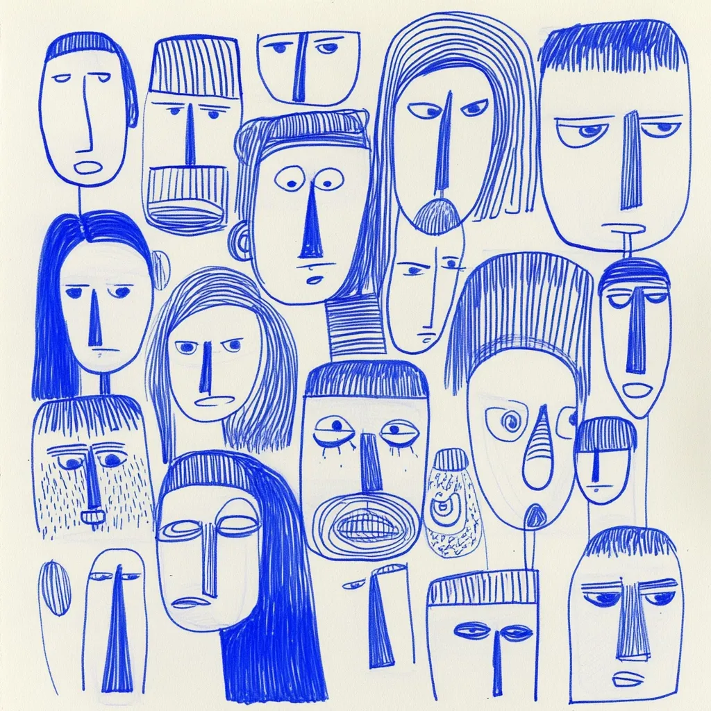 A vibrant collection of stylized faces, rendered in bold blue ink, fills the composition.  Each face is unique, exhibiting a range of expressions and hairstyles, creating a dynamic and engaging visual tapestry. The simple linework and bold outlines emphasize the individual character of each face within the densely populated arrangement.  The overall effect is one of playful energy and a celebration of diverse personalities.