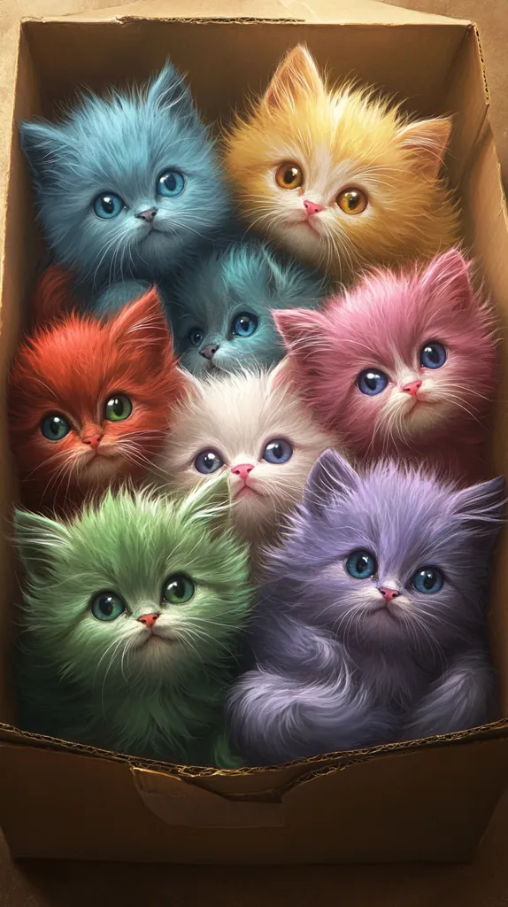 Seven fluffy kittens of varying pastel colors—blue, orange, pink, red, white, green, and purple—are nestled together inside a cardboard box.  Their large, expressive eyes and soft fur create a charming and whimsical scene. The kittens appear contented and snuggled close, creating a heartwarming image.