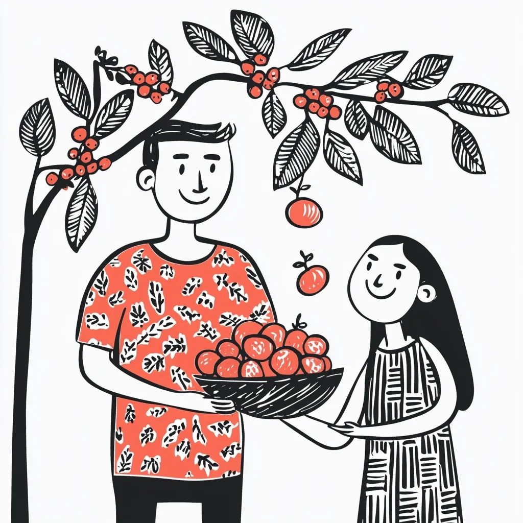 A hand-drawn illustration depicts a man and a girl under a fruit tree laden with red berries. The man, wearing a coral shirt with a leaf pattern, holds a basket overflowing with red fruits.  The girl, in a black and white dress, looks up happily. The style is simple and charming, reminiscent of children's book illustrations.  The scene evokes a feeling of warmth and family.