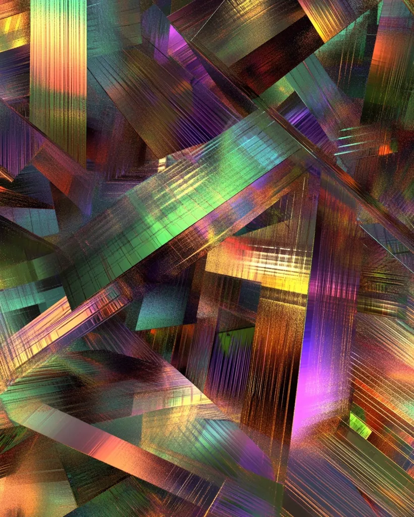 An abstract image showcasing an intricate network of intersecting, iridescent rectangular prisms.  The prisms exhibit a vibrant array of colors, including greens, oranges, purples, and golds, creating a sense of depth and complexity.  The textured surface of the prisms suggests a metallic or crystalline quality, enhancing the overall visual richness.  The overlapping forms generate a dynamic and energetic composition.