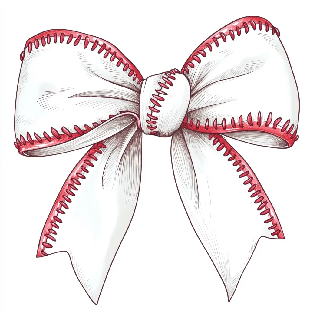 A hand-drawn illustration of a white ribbon bow, meticulously detailed with red stitching along its edges. The bow is tied in a classic style, with the loops overlapping gracefully.  The texture of the fabric is suggested through shading, giving a sense of depth and realism to the drawing. The overall style is elegant and decorative.