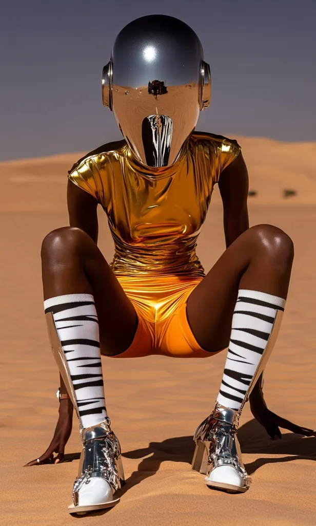 A person with dark skin crouches in a desert, wearing a metallic gold bodysuit and silver helmet.  The helmet is reflective, showing the desert landscape.  Their legs are adorned with zebra-striped socks and futuristic silver and white high-heeled boots.  The overall aesthetic is a blend of futuristic and desert elements, creating a striking visual contrast.