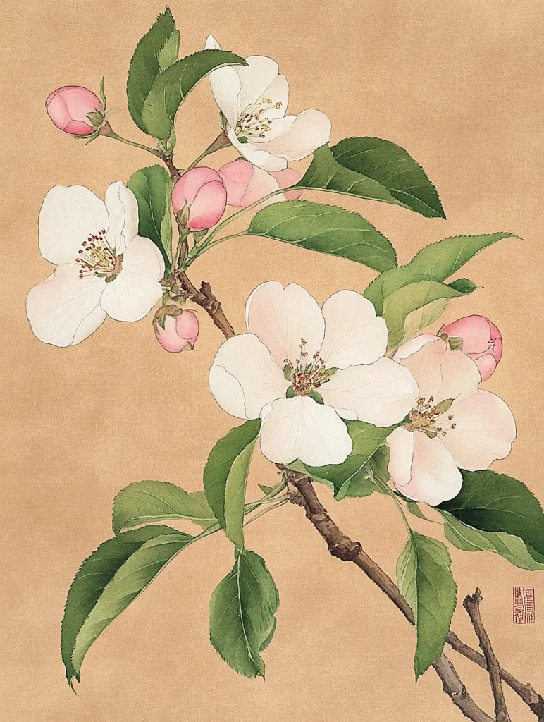 A delicate watercolor painting showcases a branch of apple blossoms.  Pale pink and white flowers, some fully opened and others still in bud, are meticulously rendered.  Green leaves, realistically depicted, frame the blossoms.  The background is a soft, muted beige, enhancing the floral details. The overall style is reminiscent of traditional East Asian botanical art.