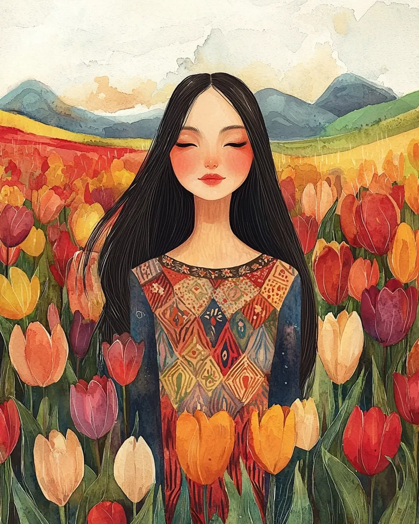 A watercolor painting depicts a serene young woman with long black hair, standing amidst a vibrant field of tulips.  Her eyes are closed, and she wears a richly patterned, colorful blouse. The background features rolling hills under a soft sky, creating a peaceful and idyllic scene.  The overall style is soft and dreamlike.