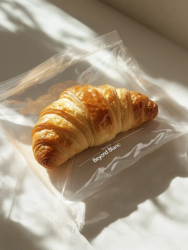 A single, golden-brown croissant rests inside a clear plastic bag.  The bag features a minimalist label reading "Beyond Blanc," suggesting the bakery's name.  The croissant is beautifully baked, with visible layers and a glossy sheen. The image is softly lit, with sunlight casting shadows on a light beige fabric background, creating a clean and elegant aesthetic.