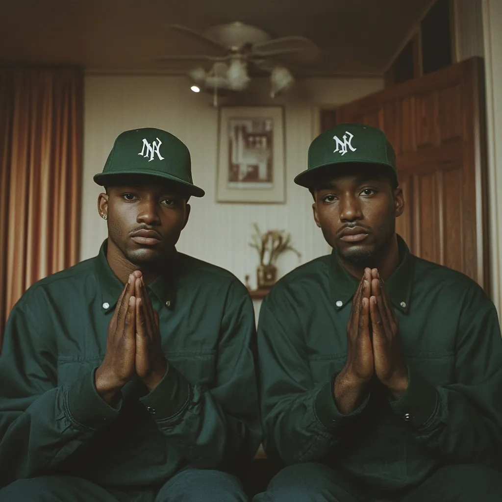 Two identical Black men, wearing matching dark green button-down shirts and New York Yankees baseball caps, sit side-by-side.  Their hands are clasped in prayer before them. They are positioned in a home setting, with a muted color palette and a calm, contemplative atmosphere.  The image has a subdued, almost solemn, quality.