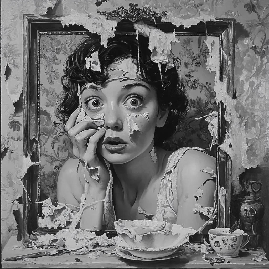 A monochromatic painting depicts a woman with a startled expression, her face partially obscured by peeling paint or wallpaper.  She is framed within a dilapidated picture frame, mirroring the decaying elements around her.  The scene is set in a room with a floral wallpaper, further emphasizing the themes of decay and vulnerability.  A teacup and saucer sit on a surface in the foreground, adding to the unsettling atmosphere.