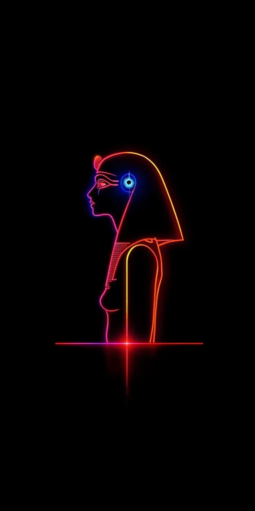 A vibrant neon outline of an Egyptian queen's profile is set against a stark black background.  The artwork features a multicolored, gradient effect, transitioning from red to orange and incorporating a blue eye detail.  The queen is depicted in profile, wearing a traditional nemes headdress.  A thin red line intersects the bottom, adding a modern touch to the ancient imagery.