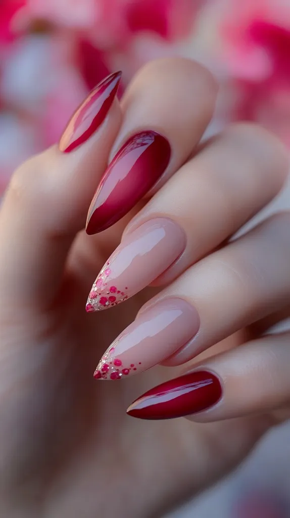 Close-up of a hand showcasing a stylish manicure.  Long, pointed nails are adorned with a gradient of deep burgundy and nude polish.  Two nails feature delicate pink glitter accents near the base.  The overall effect is elegant and sophisticated, with the rich colors contrasting beautifully against the subtle nude shade. The background is blurred, focusing attention on the intricate nail art.