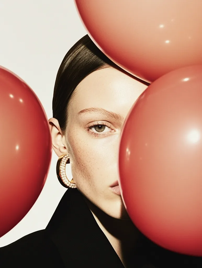 A woman's face is partially obscured by several large, coral-colored balloons.  She wears her dark hair pulled back, revealing her face, which is subtly freckled.  A large, gold hoop earring, adorned with small gems, is visible in her left ear.  She's dressed in a dark, possibly black, blazer. The overall mood is stylish and playful.
