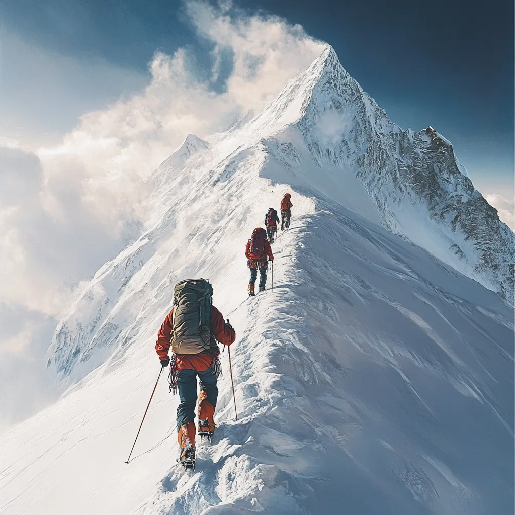 A line of mountaineers ascends a snow-covered mountain ridge.  The climbers, wearing bright orange jackets and carrying backpacks, use ice axes and trekking poles to navigate the steep, snowy path.  A majestic, snow-capped peak dominates the background under a partly cloudy sky. The scene conveys a sense of adventure, challenge, and the beauty of a harsh, high-altitude environment.