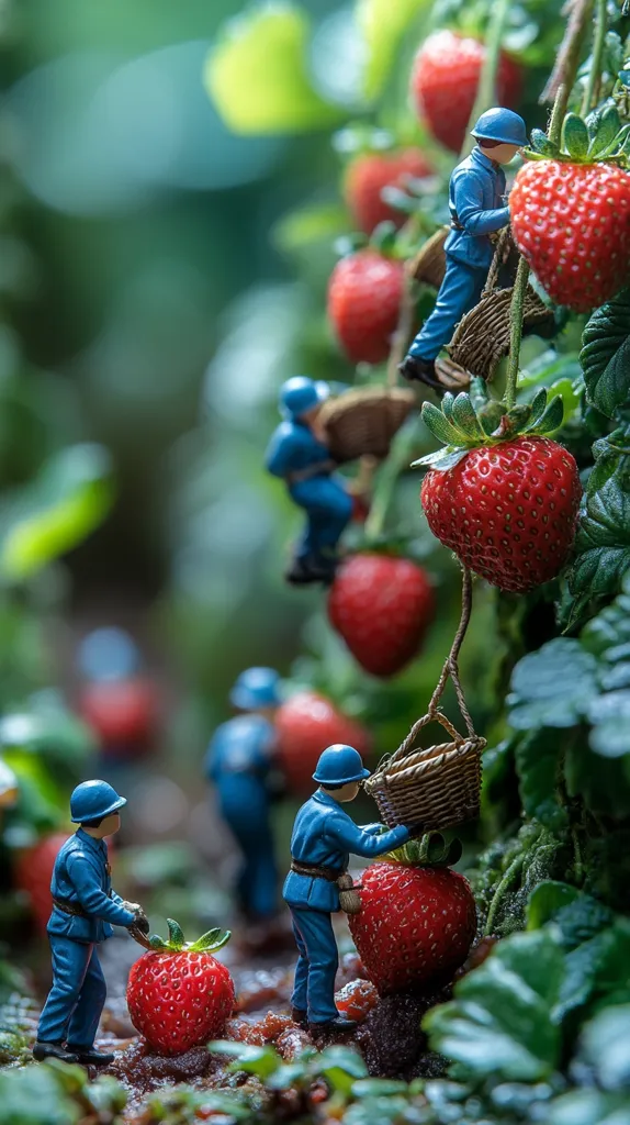 Miniature soldiers in blue uniforms harvest ripe red strawberries from a lush green plant.  They carefully pick the berries and place them in small woven baskets suspended from the branches. The scene is whimsical and detailed, showcasing the contrast between the tiny figures and the large, juicy fruit.  The background is blurred, focusing attention on the harvesting process.