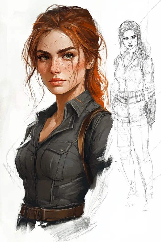 A digital painting showcases a young woman with vibrant red hair, freckled skin, and intense green eyes.  She's depicted in a dark, military-style shirt and brown belt, suggesting a strong, possibly adventurous personality.  A pencil sketch of the same character, in a similar pose, is visible in the background, highlighting the artistic process. The overall style is realistic, with soft shading and attention to detail.