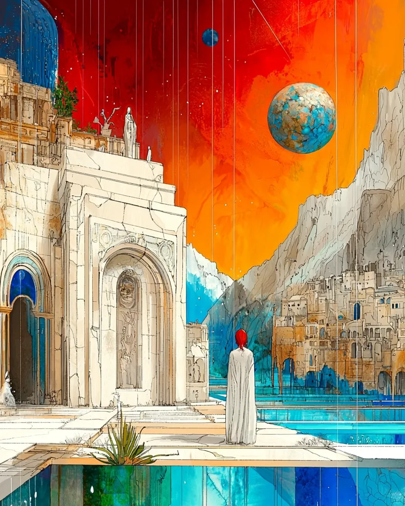 A lone figure in a flowing white robe stands before a grand, weathered edifice.  The architecture blends classical and futuristic elements, overlooking a turquoise pool.  A vibrant orange and red sky, streaked with rain, dominates the background, punctuated by a large, textured planet and smaller celestial bodies.  Distant, layered cityscapes rise from the water's edge, creating a surreal and atmospheric scene.