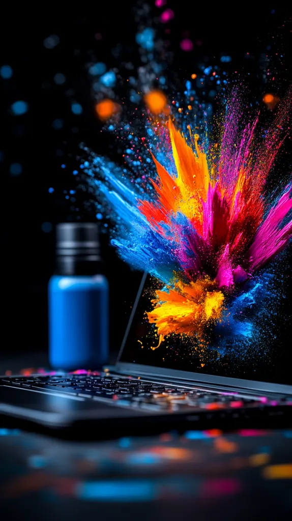 A vibrant explosion of blue, orange, and pink paint bursts from a laptop screen, creating a dynamic and colorful spectacle. A small bottle of blue paint sits in the foreground, suggesting the source of the vibrant display. The dark background contrasts sharply with the bright, energetic colors, emphasizing the intensity of the paint explosion. The image is visually striking and evokes a sense of creativity and energy.