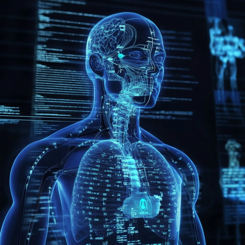 A digital rendering of a human anatomy model is showcased against a backdrop of blue code.  The translucent figure displays internal organs and the nervous system, highlighted with glowing blue lines.  The image evokes a futuristic medical or technological context, possibly representing data visualization or digital healthcare.  The detail includes the brain, lungs, and heart, all intricately mapped.
