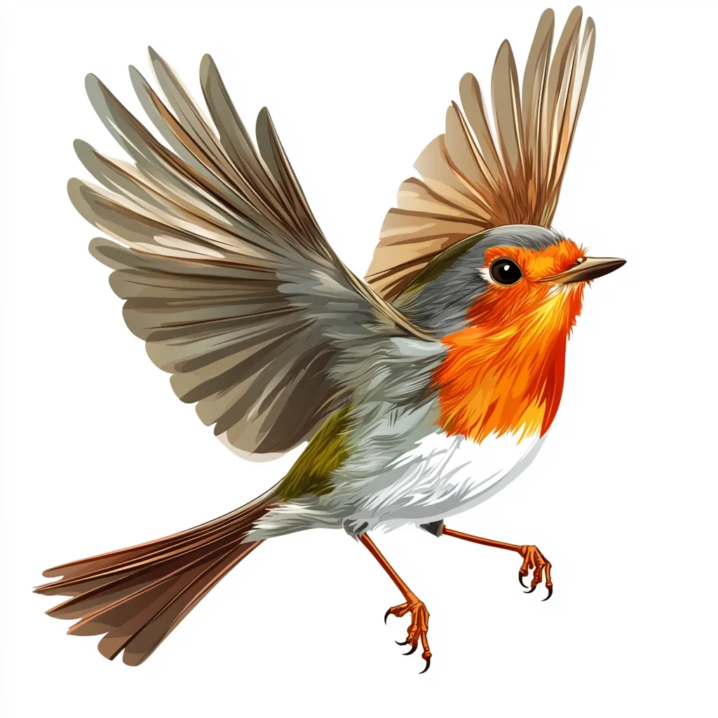 A vibrant European robin is depicted in mid-flight, its wings outstretched against a stark white background.  The bird's plumage is detailed, showcasing its iconic orange breast, grey back, and brown tail.  The sharp talons and focused expression suggest a dynamic moment of airborne agility.  The illustration is realistic in style, emphasizing the bird's intricate features.