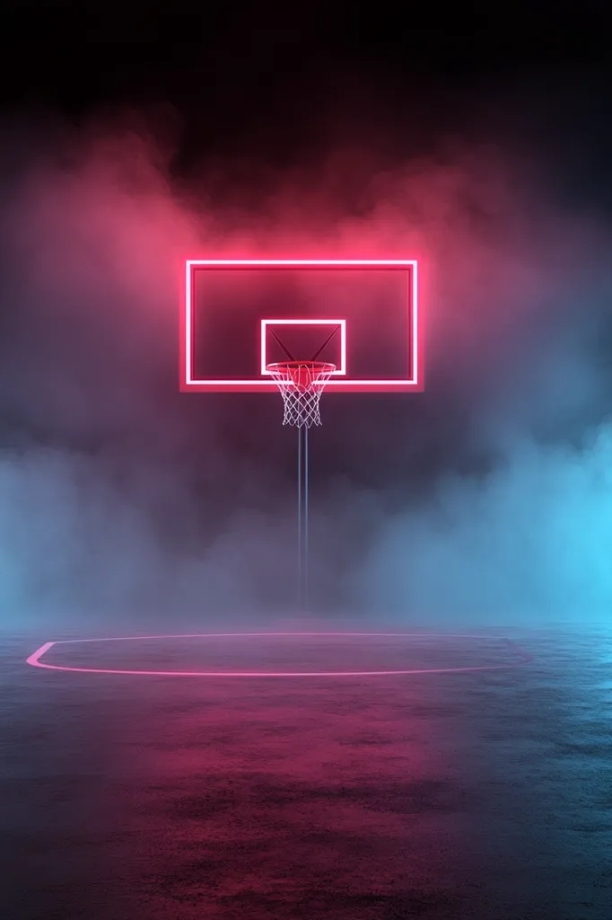 A basketball hoop stands in a dimly lit, smoky environment bathed in vibrant pink and blue neon light.  The backboard is outlined in bright pink neon, contrasting with the cool blue haze that fills the space.  A faint pink line marks the free throw circle on the ground. The overall atmosphere is moody and atmospheric, creating a striking visual effect.
