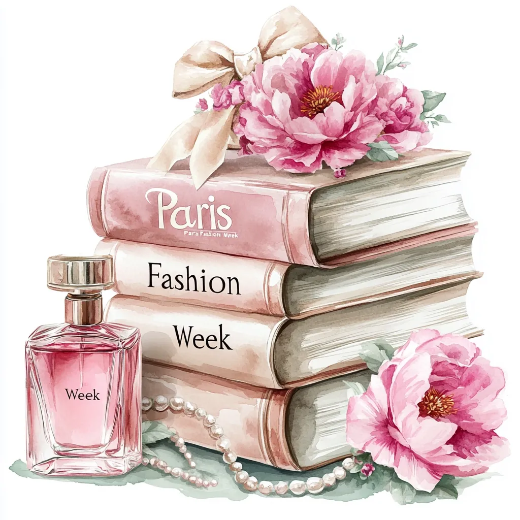 A watercolor painting depicts a stack of books titled "Paris Fashion Week," adorned with pink peonies and a delicate ribbon.  A pink perfume bottle sits beside the books, accompanied by a pearl necklace. The overall aesthetic is romantic and feminine, evoking a sense of Parisian elegance and high fashion. The soft colors and delicate details create a visually appealing and charming composition.