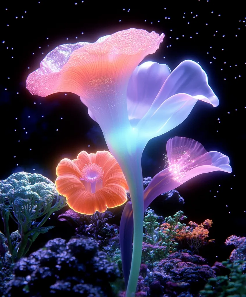 A surreal image depicts luminous flowers against a dark, starry background.  The central bloom is a vibrant blend of pink, orange, and blue, with a translucent, almost ethereal quality.  Smaller, glowing flowers in orange and purple surround the base, creating a magical, otherworldly garden scene.  The overall effect is one of beauty and fantasy.