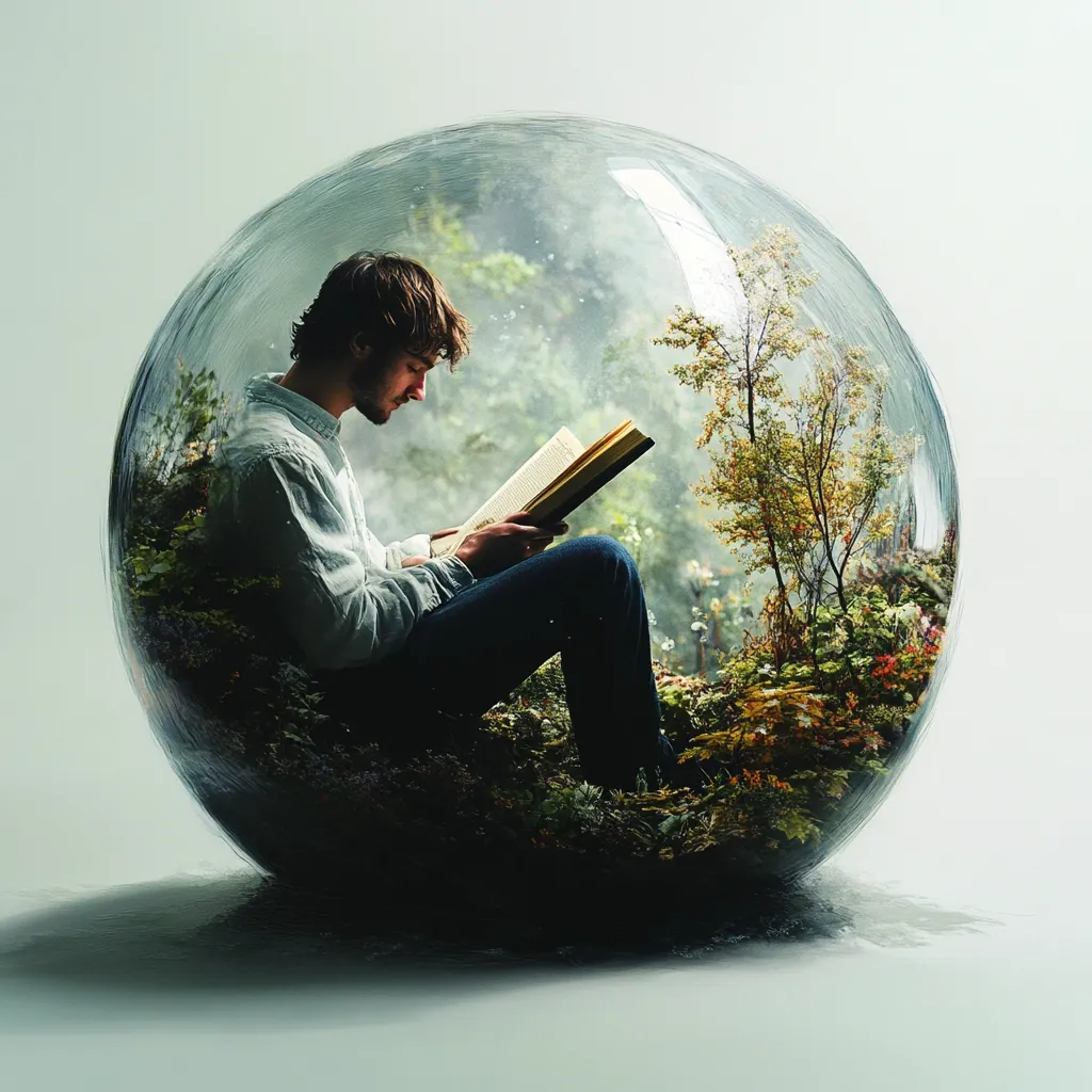 A young man sits engrossed in a book within a transparent sphere.  The sphere's interior is a miniature, vibrant ecosystem of trees and foliage.  He's surrounded by nature, creating a surreal image of escape and immersion in literature. The scene is peaceful and evokes a sense of tranquility and connection to the natural world.  The overall mood is contemplative and dreamlike.