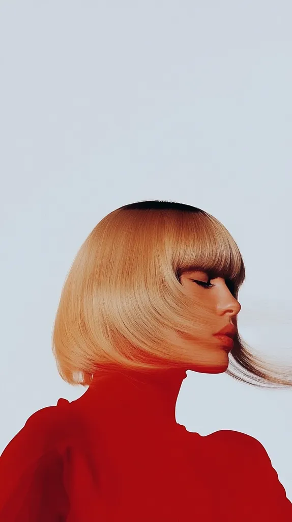 Close-up profile view of a woman with a blunt, blonde bob hairstyle.  Her eyes are closed, and her expression is serene. She's wearing a high-necked, vibrant red turtleneck sweater. The background is a pale, muted blue, creating a strong contrast with the bold red and blonde tones of the subject.  The image has a stylized, almost graphic quality.