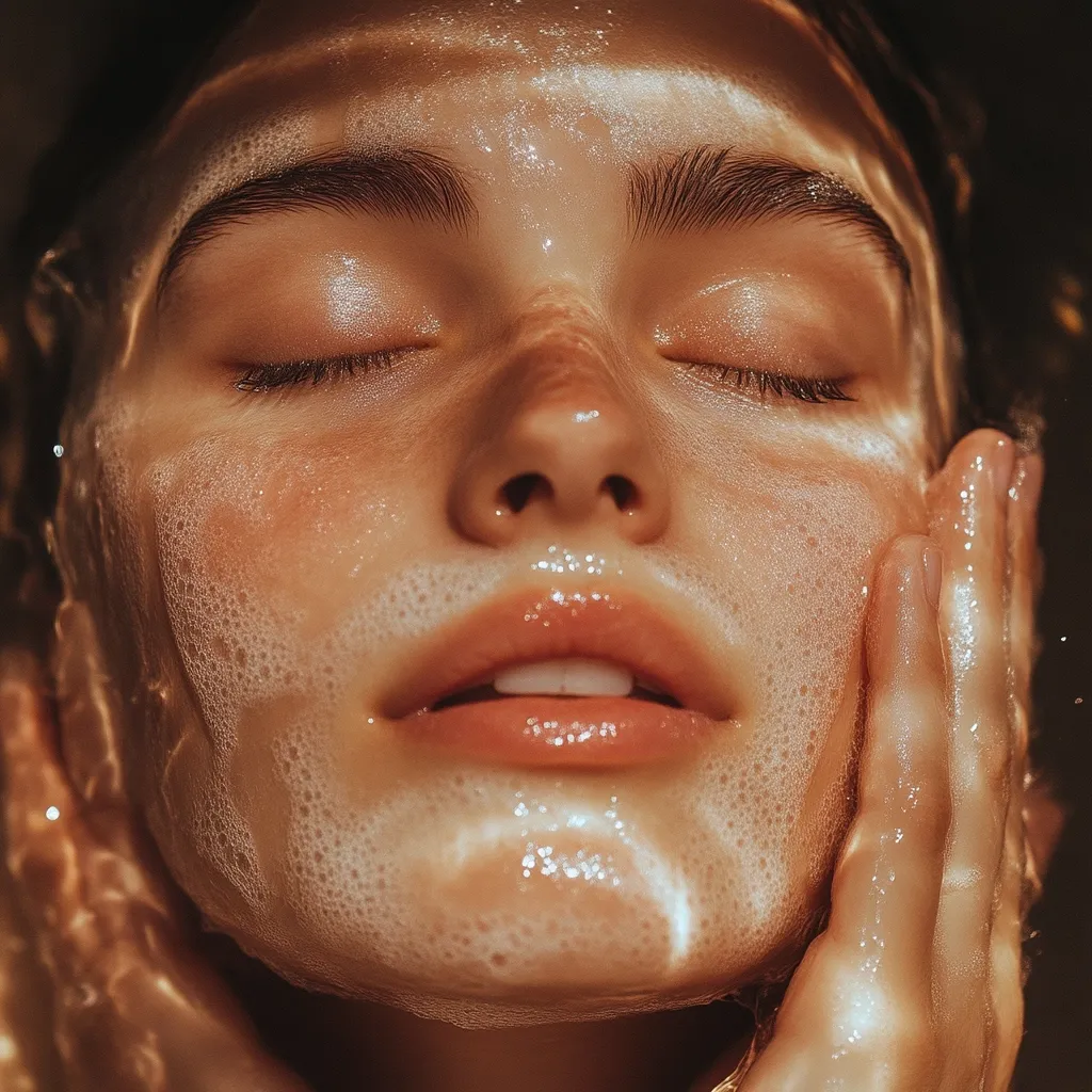Close-up of a woman's face covered in cleansing foam. Her eyes are closed, and she gently touches her face with her hands.  Sunlight streams through the water, creating a warm, ethereal glow on her skin. The image evokes a feeling of serenity and self-care.
