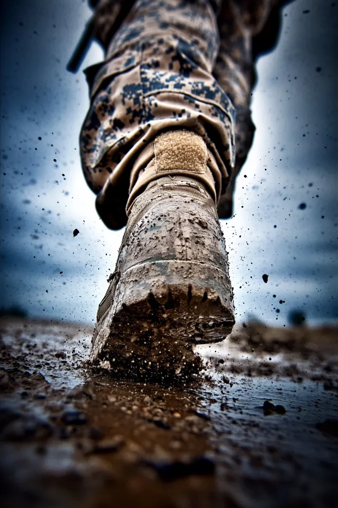 A low-angle close-up captures a soldier's mud-caked boot splashing through a puddle.  The soldier, clad in camouflage, is in motion, creating a dynamic spray of mud and water. The focus is sharply on the boot, emphasizing the harsh conditions and the force of their stride. The dark, moody sky adds to the dramatic intensity of the image.