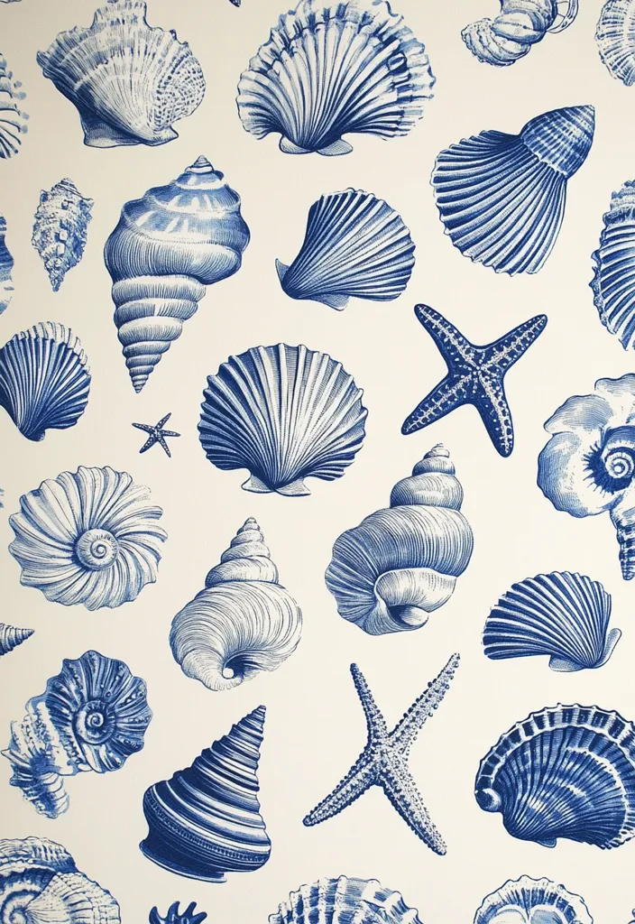A cream-colored wallpaper features a repeating pattern of various blue seashells and starfish.  The shells are depicted in a detailed, almost engraved style, ranging from scallops and spiral shells to more unusual forms.  The starfish are simple, yet elegant, and complement the overall nautical theme. The color palette is predominantly shades of blue against the off-white background, creating a calming and sophisticated design.